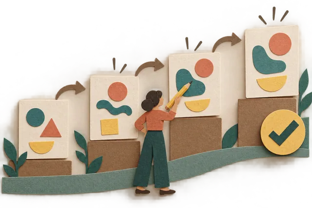 Ilustração tátil em papel de uma educadora ajustando uma sequência de tentativa, feedback, revisão e material aprimorado.
