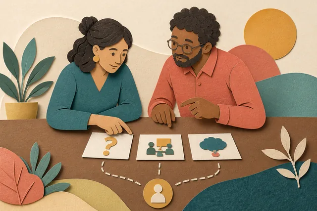 Ilustração tátil em papel de uma educadora e um mentor organizando cartões de pergunta, atividade e reflexão para decidir como usar IA em uma aula.