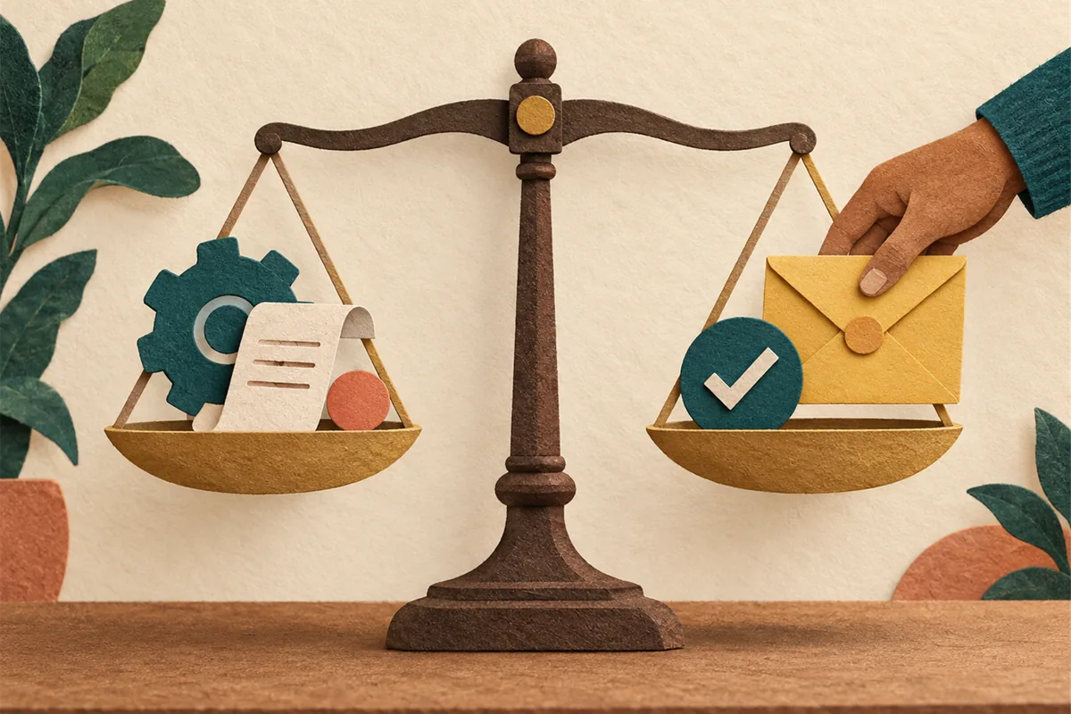 Ilustração tátil em papel de uma balança comparando um mecanismo que concluiu uma etapa com uma pessoa recebendo um envelope e uma marca física de confirmação, distinguindo execução de entrega verificada.
