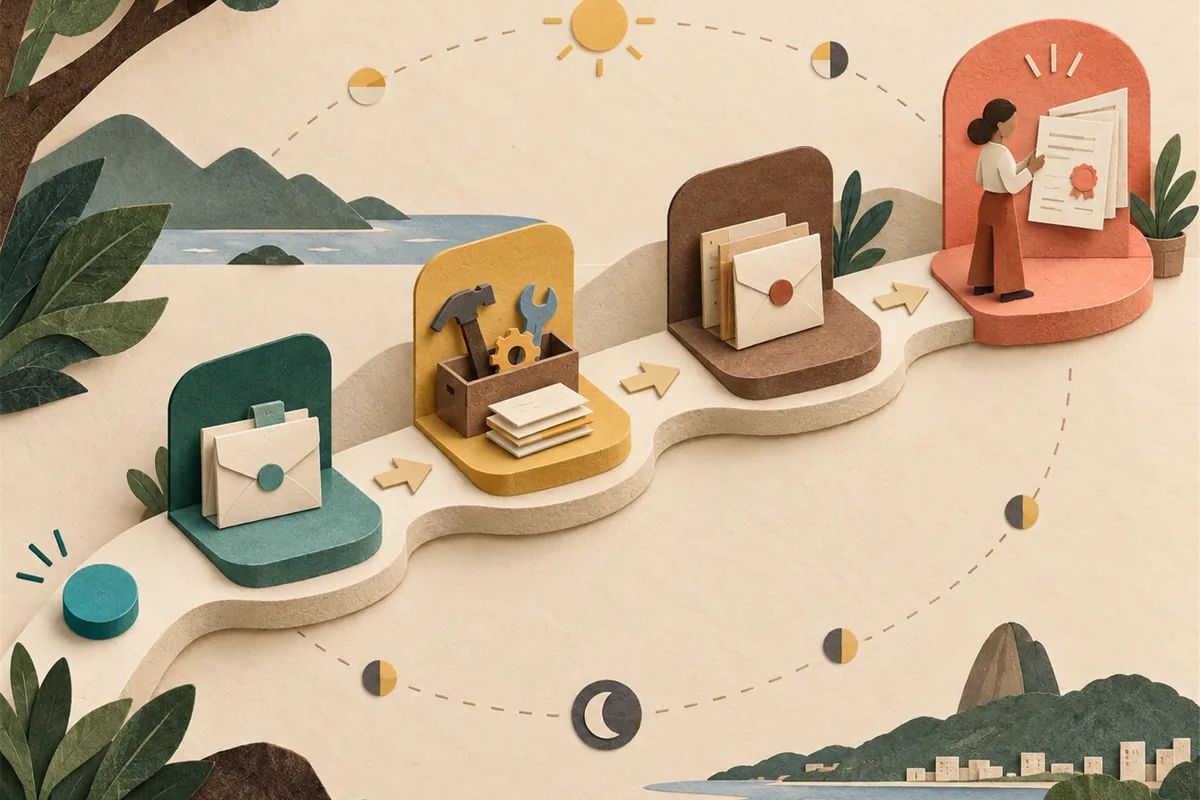 Ilustração tátil em papel de um fluxo de trabalho que atravessa etapas com envelopes de contexto, ferramentas e uma revisão humana final.