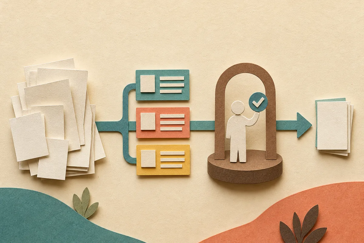 Ilustração tátil em papel de documentos que ganham cartões de metadados, passam por um checkpoint humano de aprovação e seguem por um fluxo organizado.