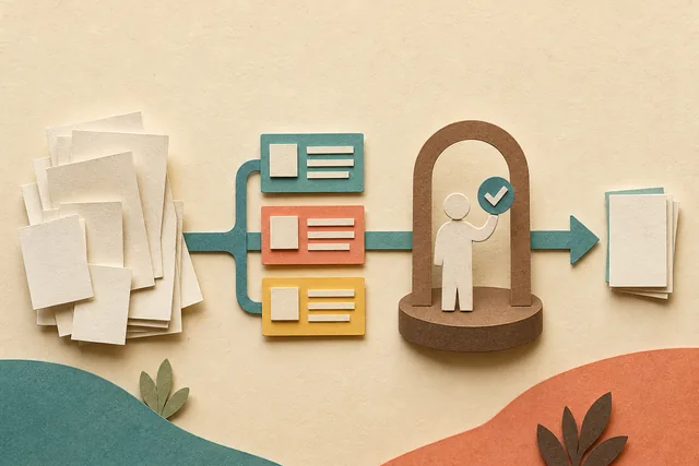 Ilustração tátil em papel de documentos que ganham cartões de metadados, passam por um checkpoint humano de aprovação e seguem por um fluxo organizado.