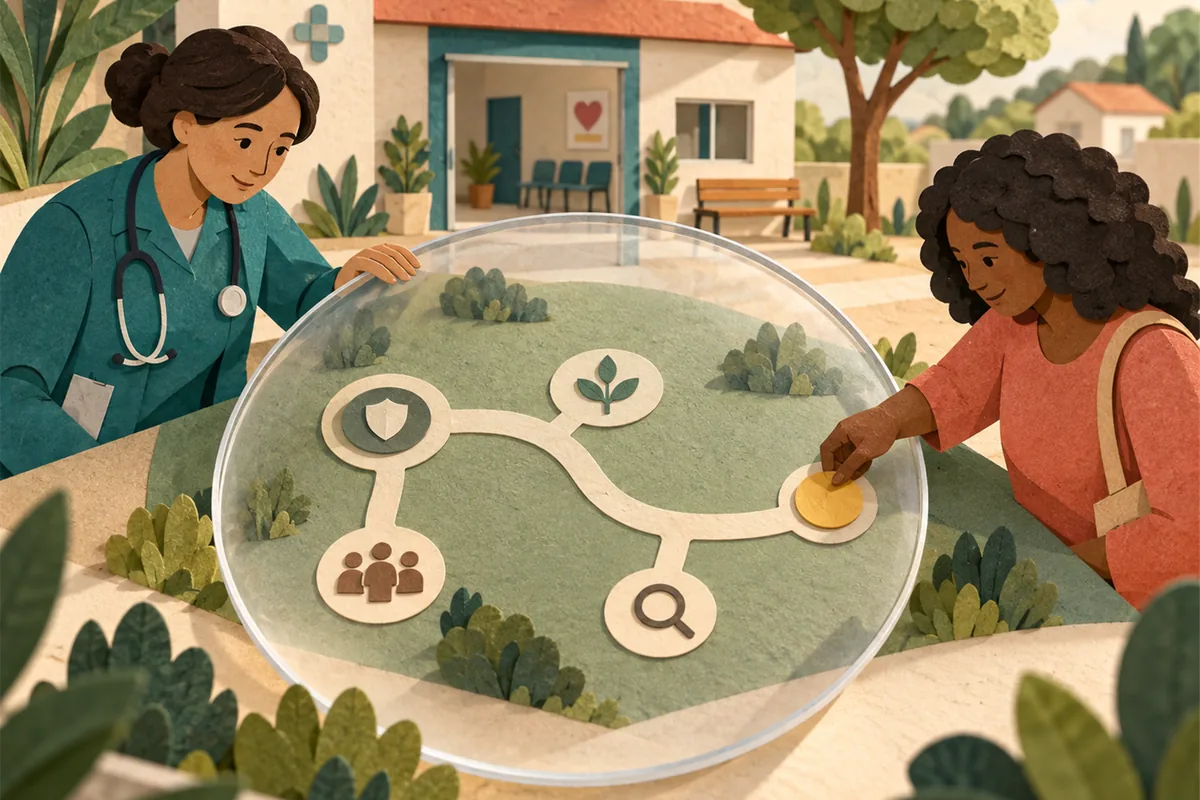 Ilustração tátil em papel de uma profissional de saúde e uma paciente examinando juntas, sob uma lente circular, um percurso de cuidado com pontos de segurança, investigação, equidade e revisão.