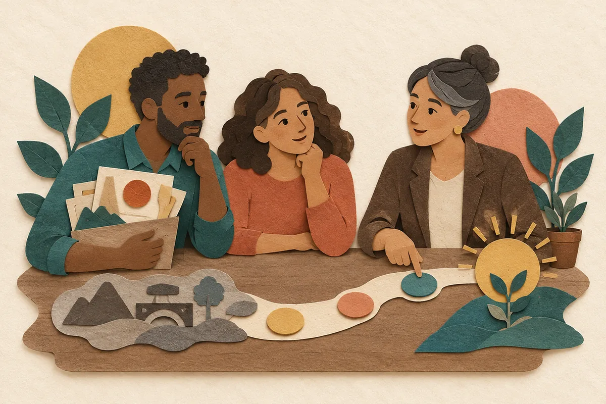 Ilustração tátil em papel de duas pessoas em transição profissional conversando com uma mentora enquanto conectam experiências anteriores a uma nova direção de carreira.