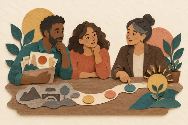 Ilustração tátil em papel de duas pessoas em transição profissional conversando com uma mentora enquanto conectam experiências anteriores a uma nova direção de carreira.