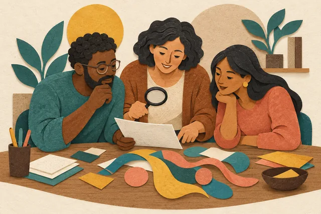 Ilustração tátil em papel de três adultos examinando juntos uma folha de referência e formas coloridas sobre uma mesa, com uma lupa que representa a checagem de fontes.
