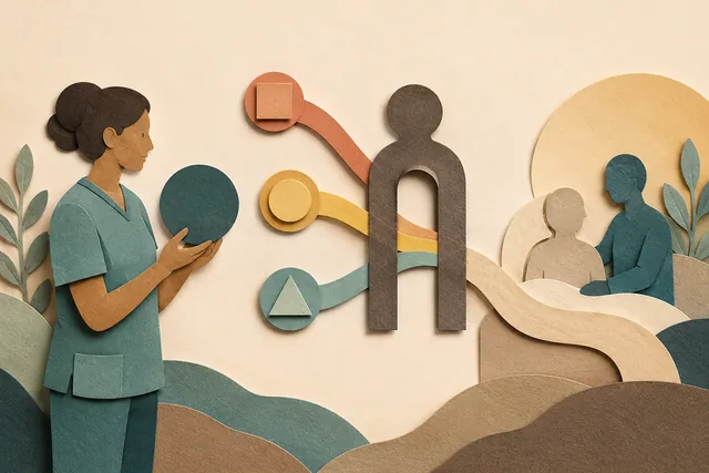 Ilustração tátil em recortes de papel mostra uma profissional de saúde examinando formas abstratas que seguem para uma etapa de revisão e cuidado.
