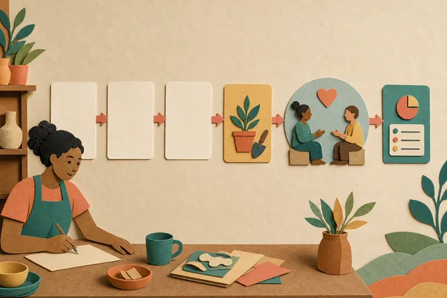 Ilustração tátil em papel de uma pessoa seguindo cartões de aprendizagem até uma conversa de mentoria e um plano de trabalho organizado.
