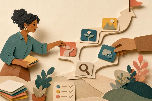 Ilustração tátil em papel de uma profissional organizando cartões de habilidades, feedback e decisão em uma trilha de desenvolvimento profissional.