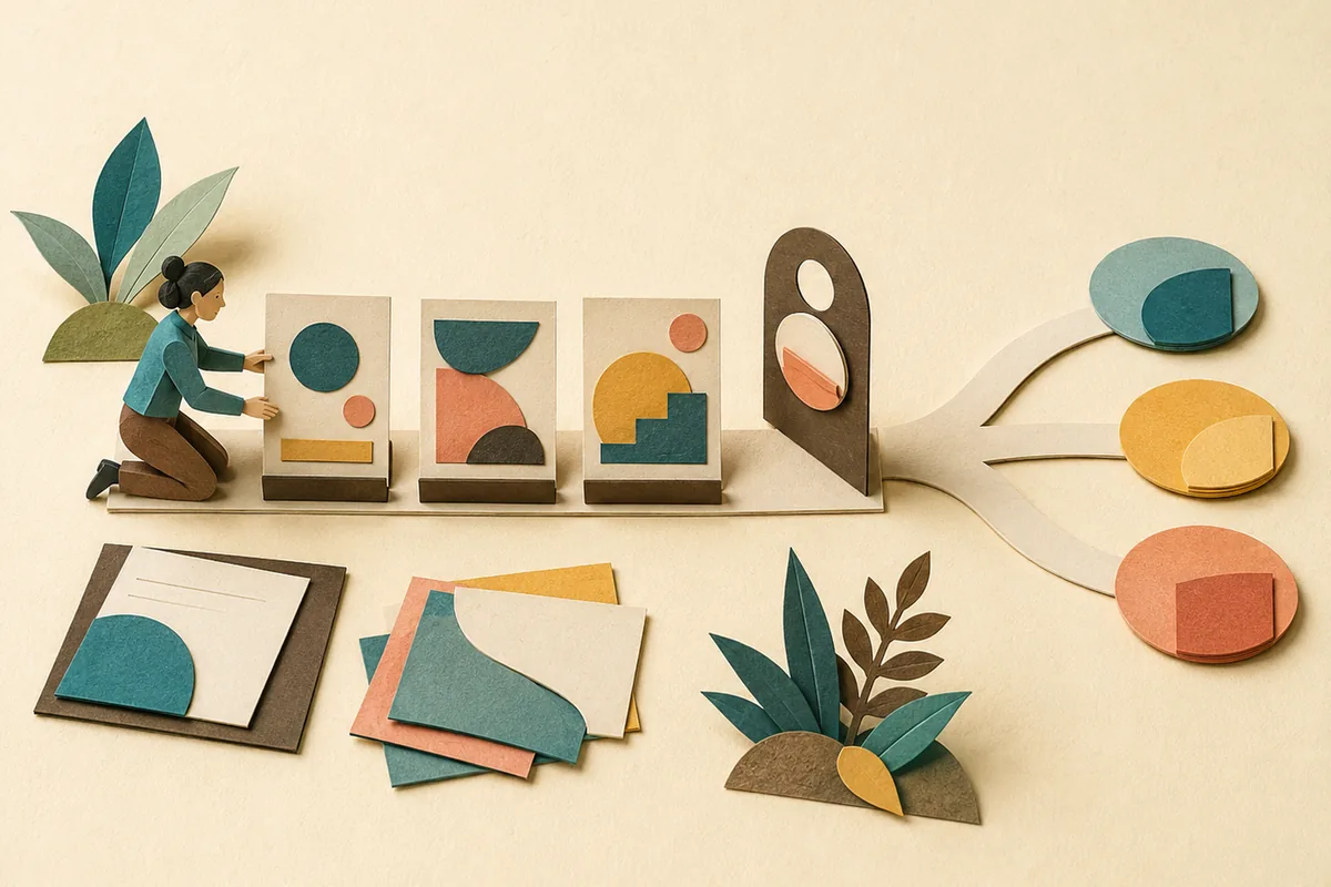 Ilustração em recortes de papel mostra uma profissional organizando cartões de competências humanas e digitais em um fluxo de trabalho, com uma seta ligando aprendizado a uma decisão revisada.