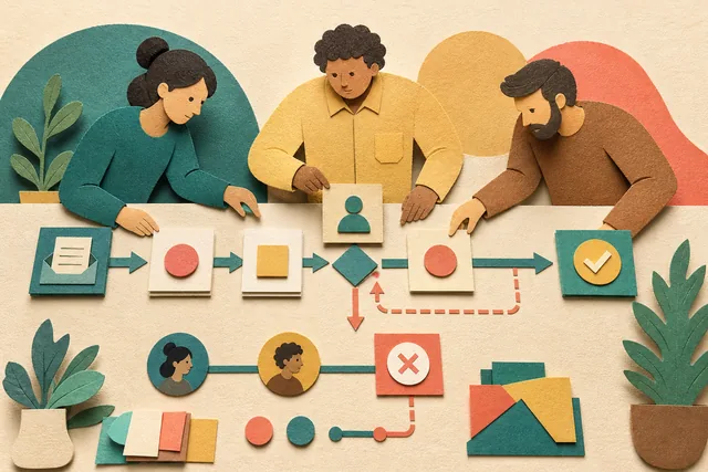Ilustração tátil em papel de três pessoas redesenhando um fluxo de trabalho com uma rota principal, aprovação humana e caminho de exceção.