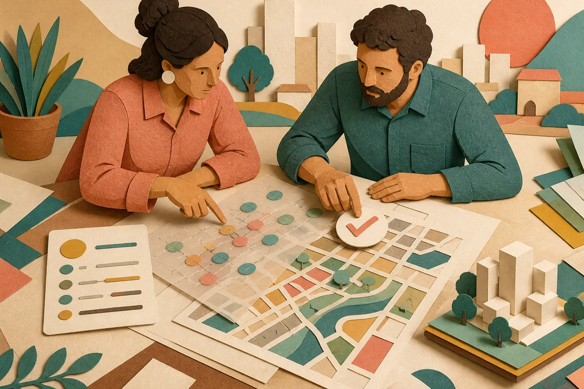 Ilustração tátil em papel de uma arquiteta e um urbanista revisando uma planta urbana, critérios e uma marca de aprovação profissional.