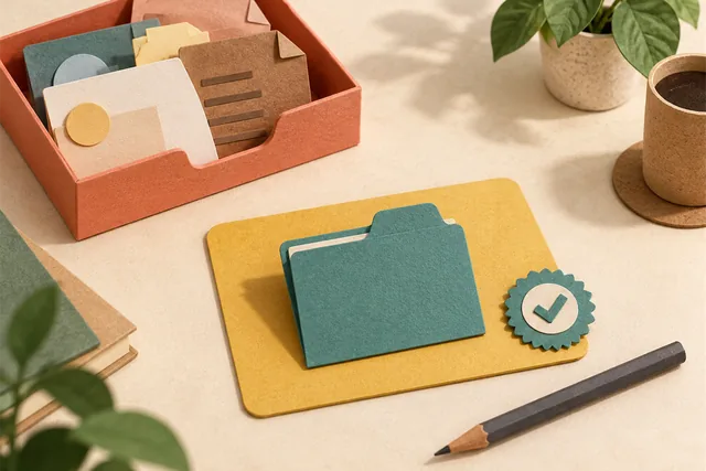Ilustração tátil em papel de uma bandeja coral com tarefas abstratas e uma única pasta teal selecionada sobre uma base amarela de prática, representando a escolha de uma tarefa real para aprender IA.
