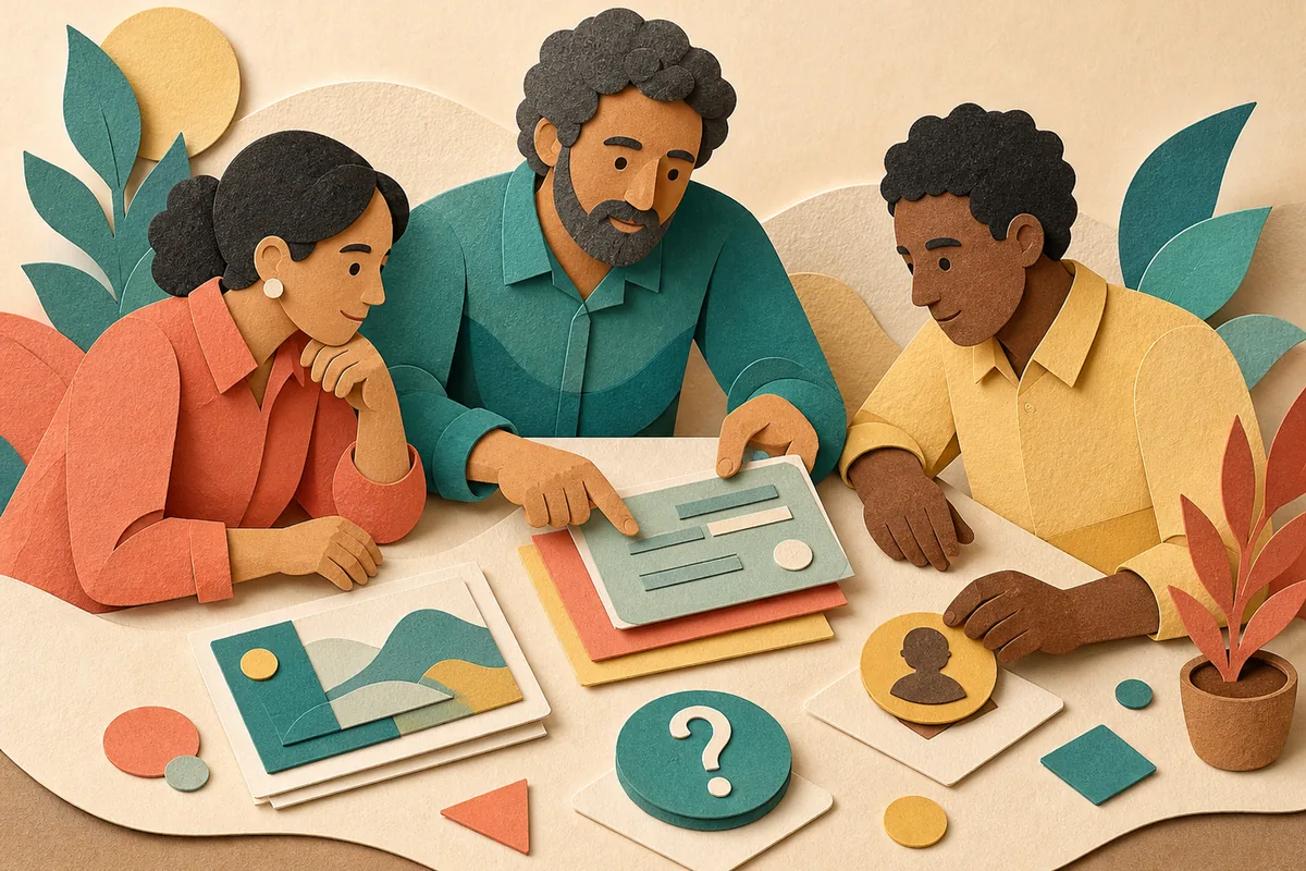 Ilustração tátil em papel de uma mentora e dois trabalhadores analisando juntos cartões de tarefa, uma dúvida e critérios de revisão.