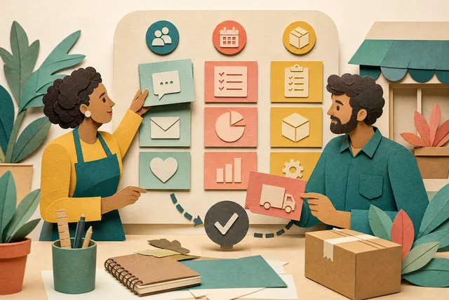 Ilustração tátil em papel de duas pessoas de um pequeno negócio escolhendo cartões de tarefas de atendimento, operação e entrega para testar um fluxo.