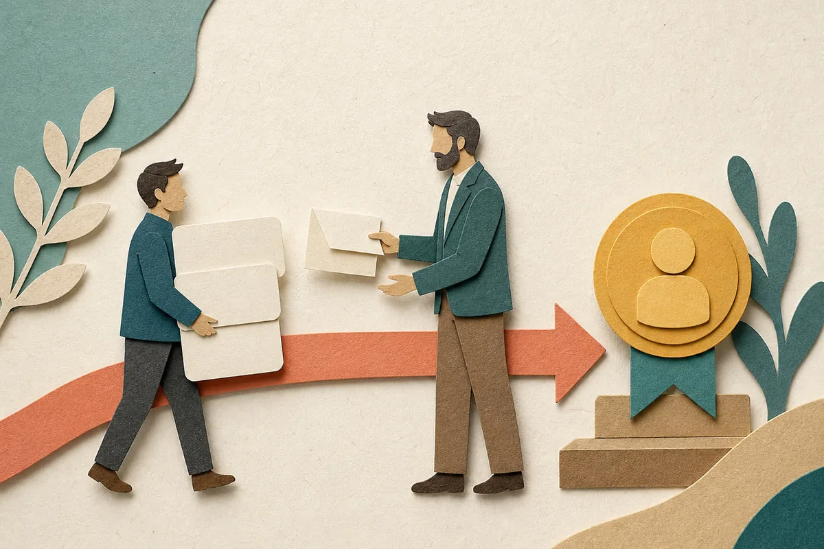 Ilustração tátil em papel mostrando um profissional em início de carreira, troca de feedback com uma pessoa experiente e uma trilha de responsabilidade crescente.