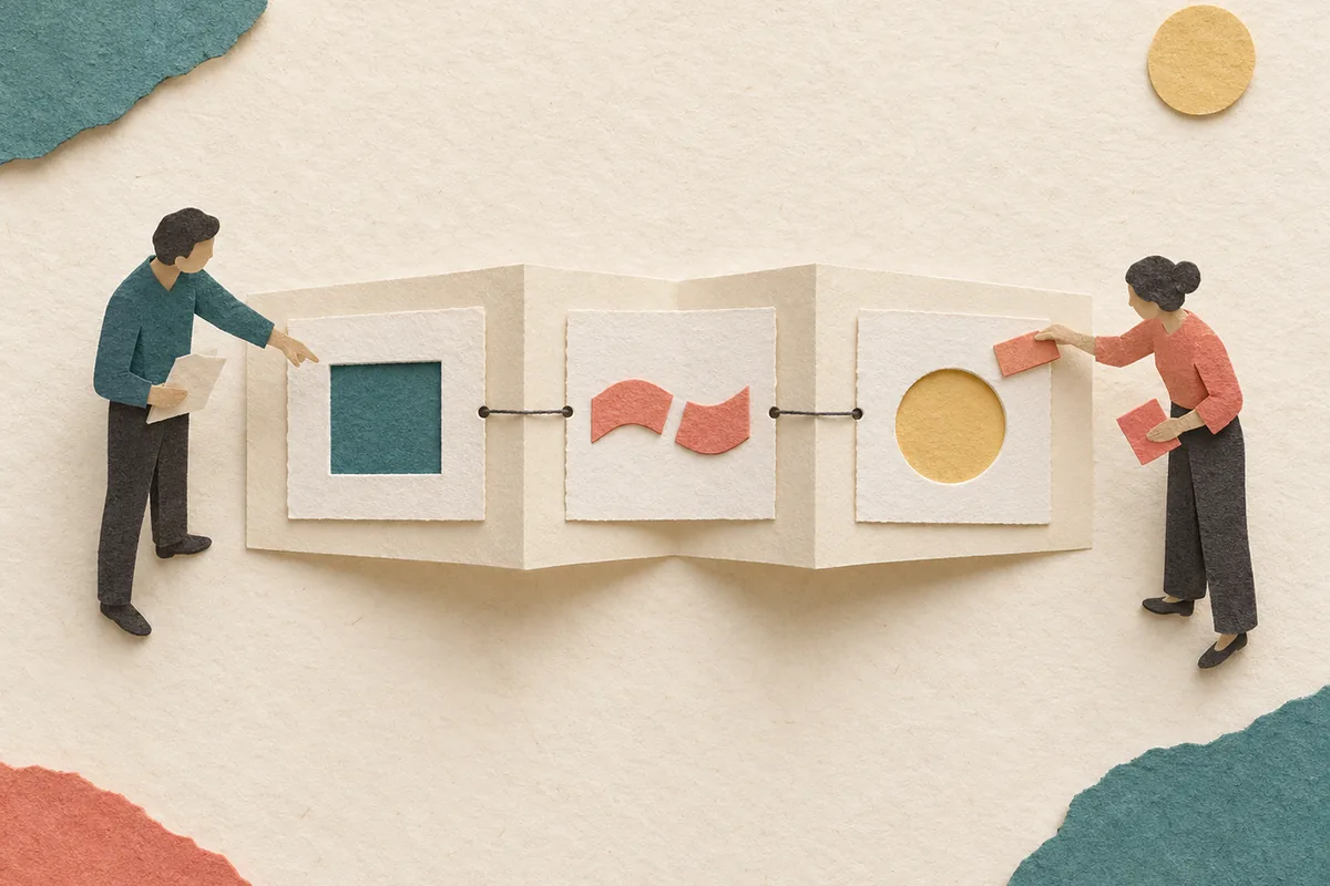 Mentor e aprendiz de papel conferem três registros de teste conectados por um fio, e o aprendiz marca a evidência de uma ação bloqueada.