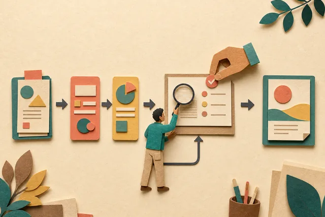 Ilustração tátil em papel de uma profissional brasileira organizando cartões de tarefa que passam por uma checagem humana antes da entrega.