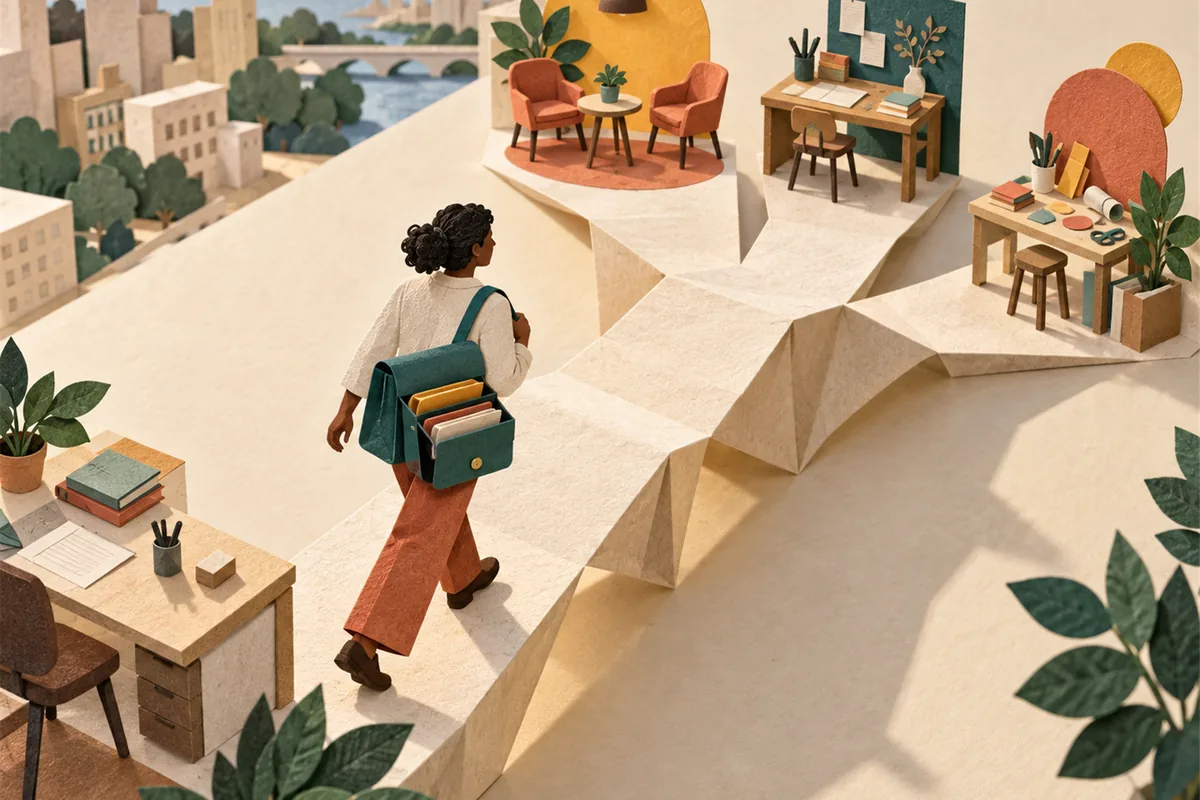Ilustração tátil em papel de uma profissional caminhando por uma ponte dobrada que parte de sua mesa e se abre em três espaços de trabalho, carregando uma bolsa modular com novos materiais.