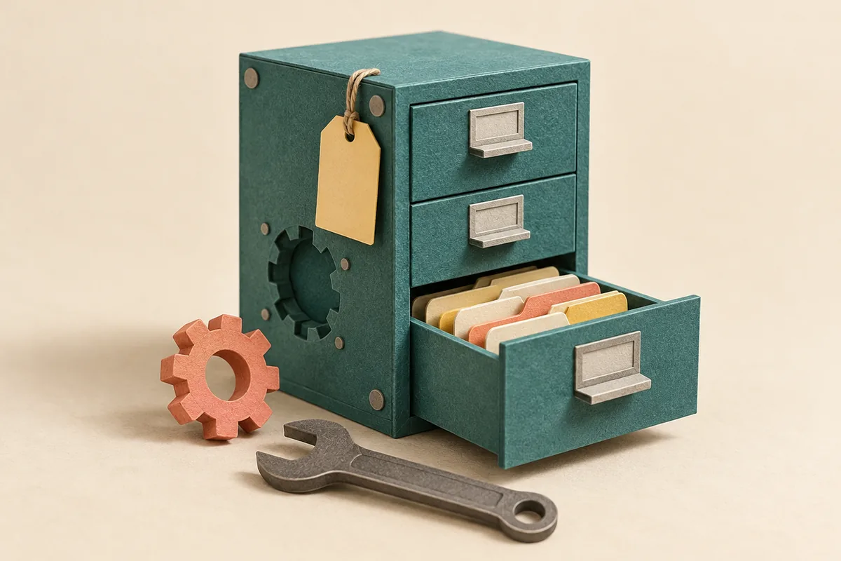 Arquivo modular de papel com uma gaveta de solicitações aberta, engrenagem removida e chave de manutenção ao lado, representando o cuidado contínuo com ferramentas internas.