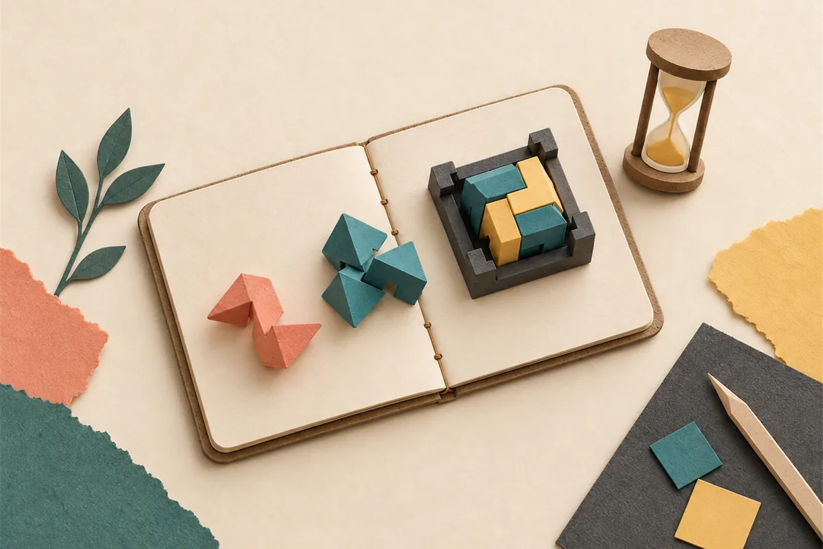 Caderno de prática em papel com três montagens progressivas e uma ampulheta: peças separadas são ajustadas até encaixar em um molde de teste.