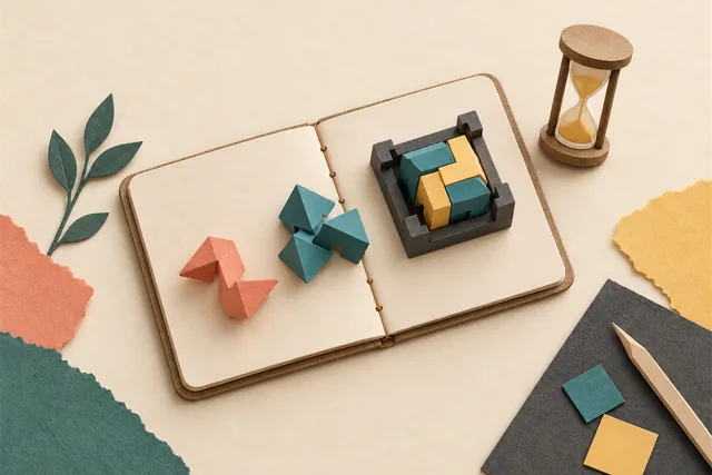 Caderno de prática em papel com três montagens progressivas e uma ampulheta: peças separadas são ajustadas até encaixar em um molde de teste.