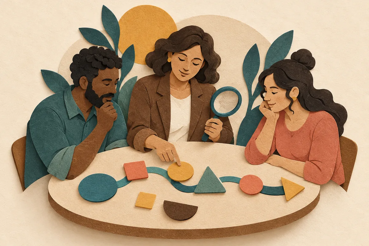 Ilustração tátil em papel de uma mentora e dois profissionais analisando juntos uma sequência de formas coloridas sobre uma mesa, representando prática, reflexão e decisão.