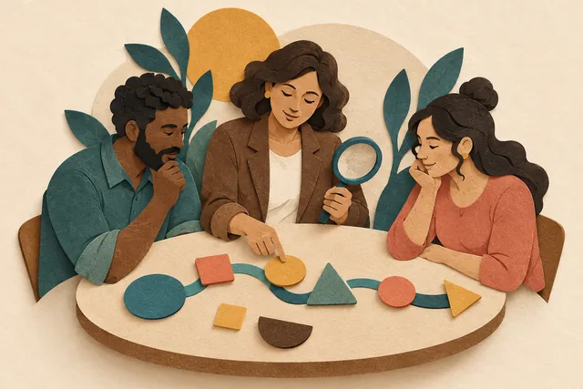 Ilustração tátil em papel de uma mentora e dois profissionais analisando juntos uma sequência de formas coloridas sobre uma mesa, representando prática, reflexão e decisão.