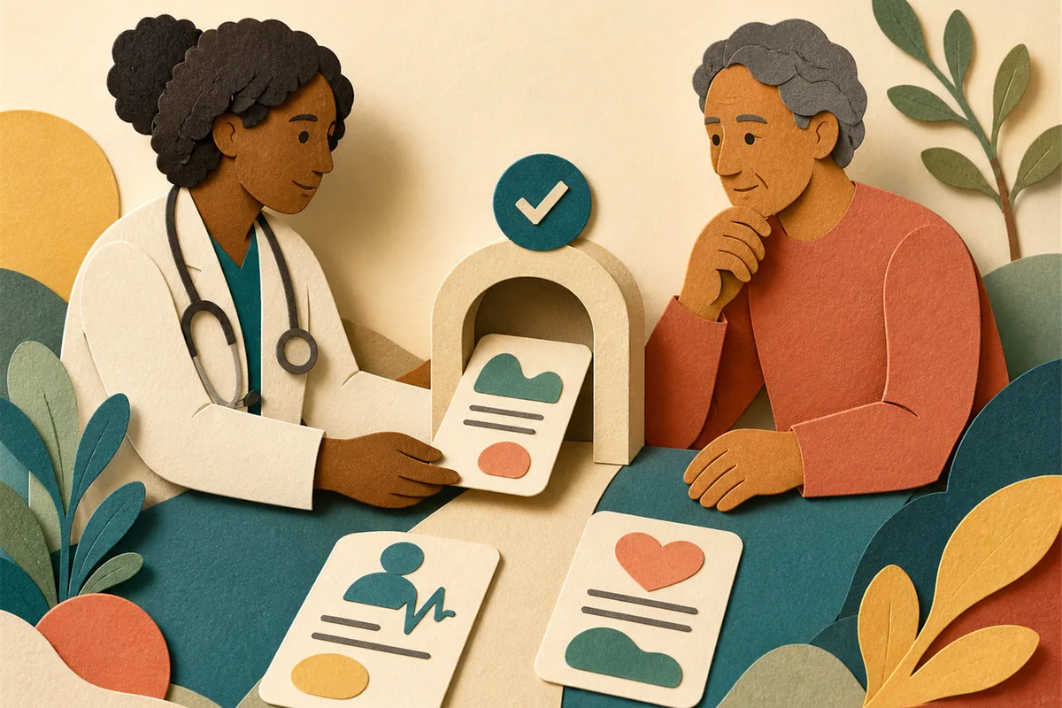 Ilustração tátil em papel de uma profissional de saúde e uma pessoa revisando cartões de evidência antes de uma etapa de validação humana.