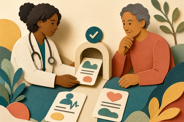 Ilustração tátil em papel de uma profissional de saúde e uma pessoa revisando cartões de evidência antes de uma etapa de validação humana.