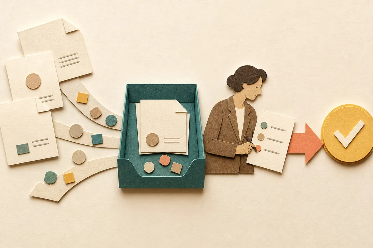 Ilustração tátil em papel de documentos organizados, revisão financeira humana e uma decisão validada em sequência.