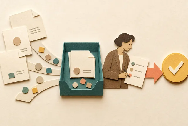 Ilustração tátil em papel de documentos organizados, revisão financeira humana e uma decisão validada em sequência.