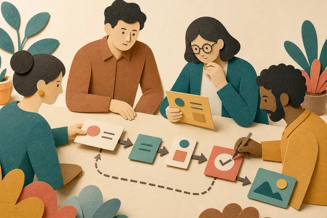 Ilustração tátil em papel de trabalhadores discutindo cartões de tarefa, regras e um ponto de aprovação humana em um fluxo de trabalho.